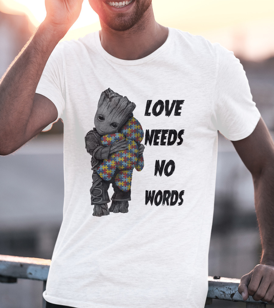 Love Needs No Words Groot Hugging Puzzle Piece Autism Awareness T-Shirt