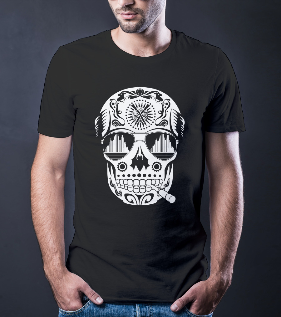 Hunter Skull Thompson Sugar Skull With Sunglasses And Cigarette T-Shirt