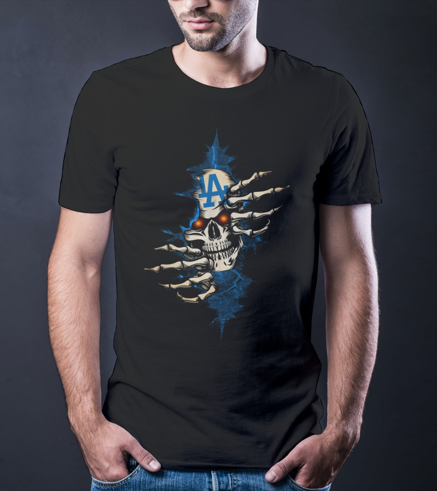 Skull LA Dodgers Logo With Skeleton Hands T-Shirt