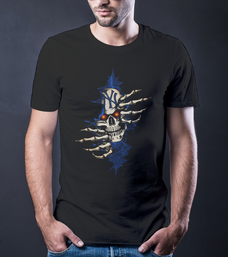 Skull Yankees NY Logo Skeleton Hands Red Eyes T-Shirt