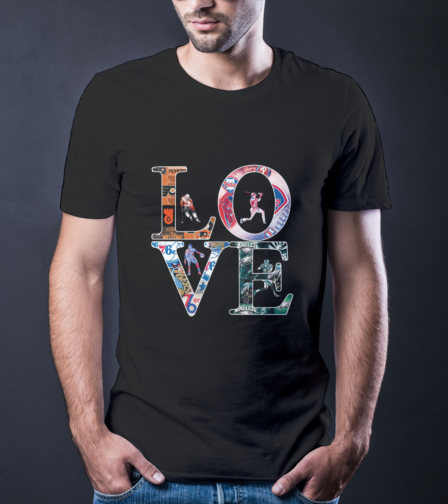 LOVE Philadelphia Sports Logos Flyers Phillies 76ers Eagles T-Shirt