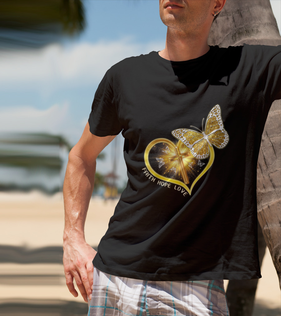 Faith Hope Love Butterfly Heart Christian Cross Jesus T-Shirt