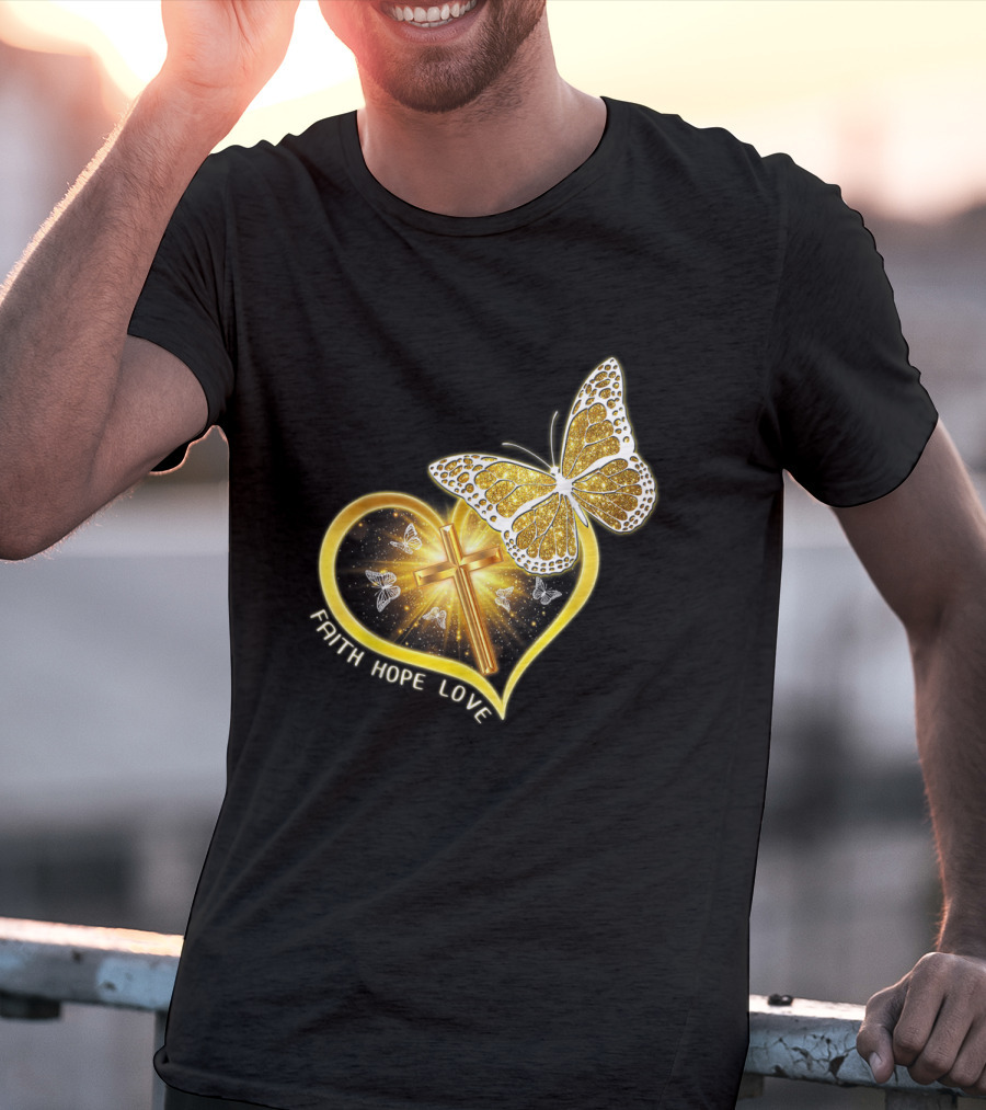 Faith Hope Love Butterfly Heart Christian Cross Jesus T-Shirt