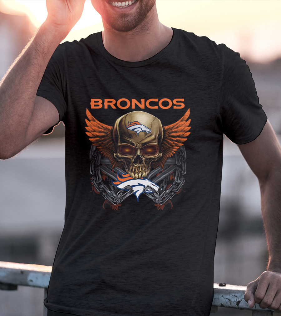 Broncos Skull Winged Logo With Chain And Horsehead T-Shirt