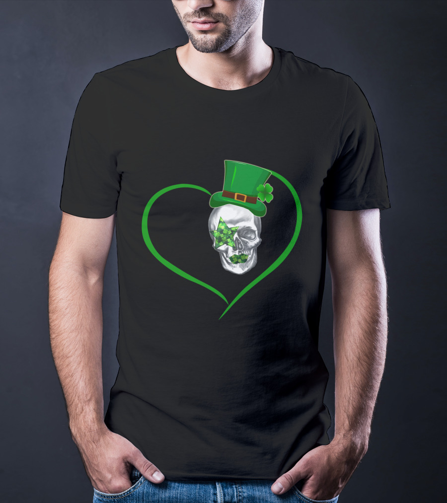 Kiss 02 Skull With Shamrock Star And Green Top Hat Inside Heart Shape T-Shirt