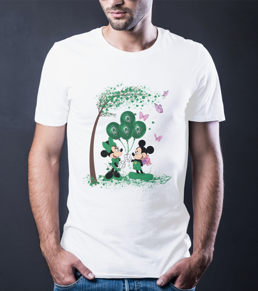 Minnie And Mickey With Green Werder Bremen Balloons Scene T-Shirt