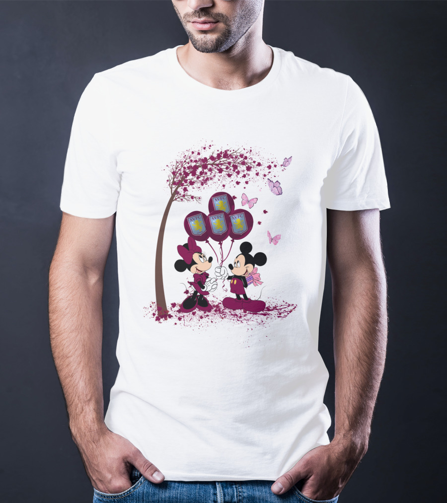 Aston Villa AVFC Balloons With Mickey And Minnie Under Cherry Blossom Tree T-Shirt