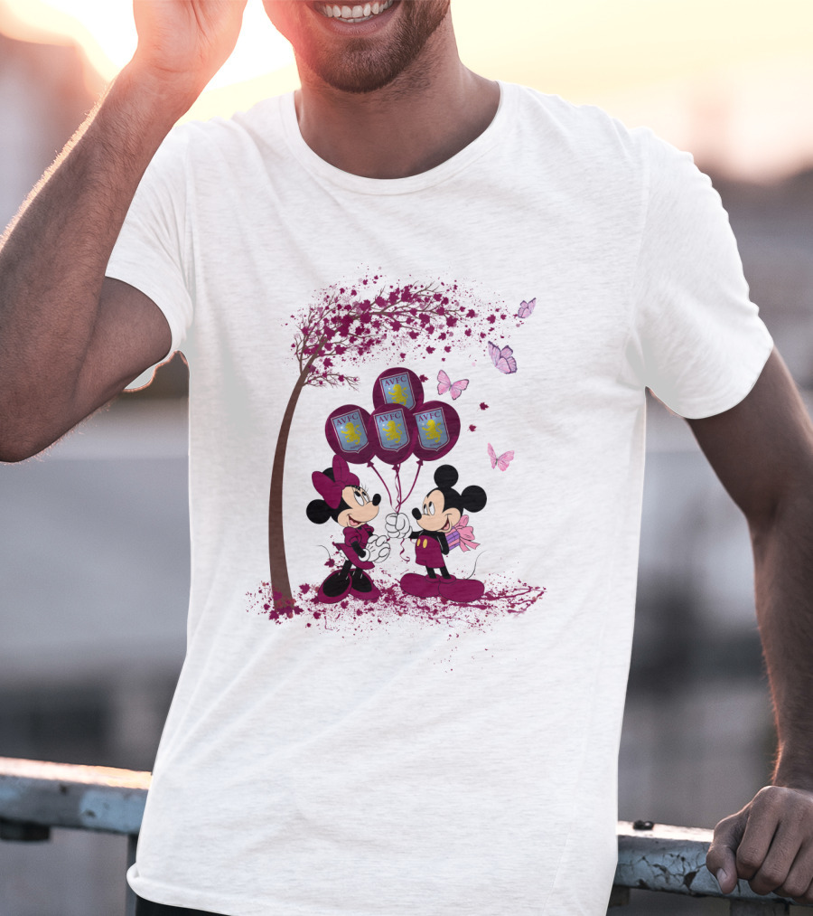 Aston Villa AVFC Balloons With Mickey And Minnie Under Cherry Blossom Tree T-Shirt