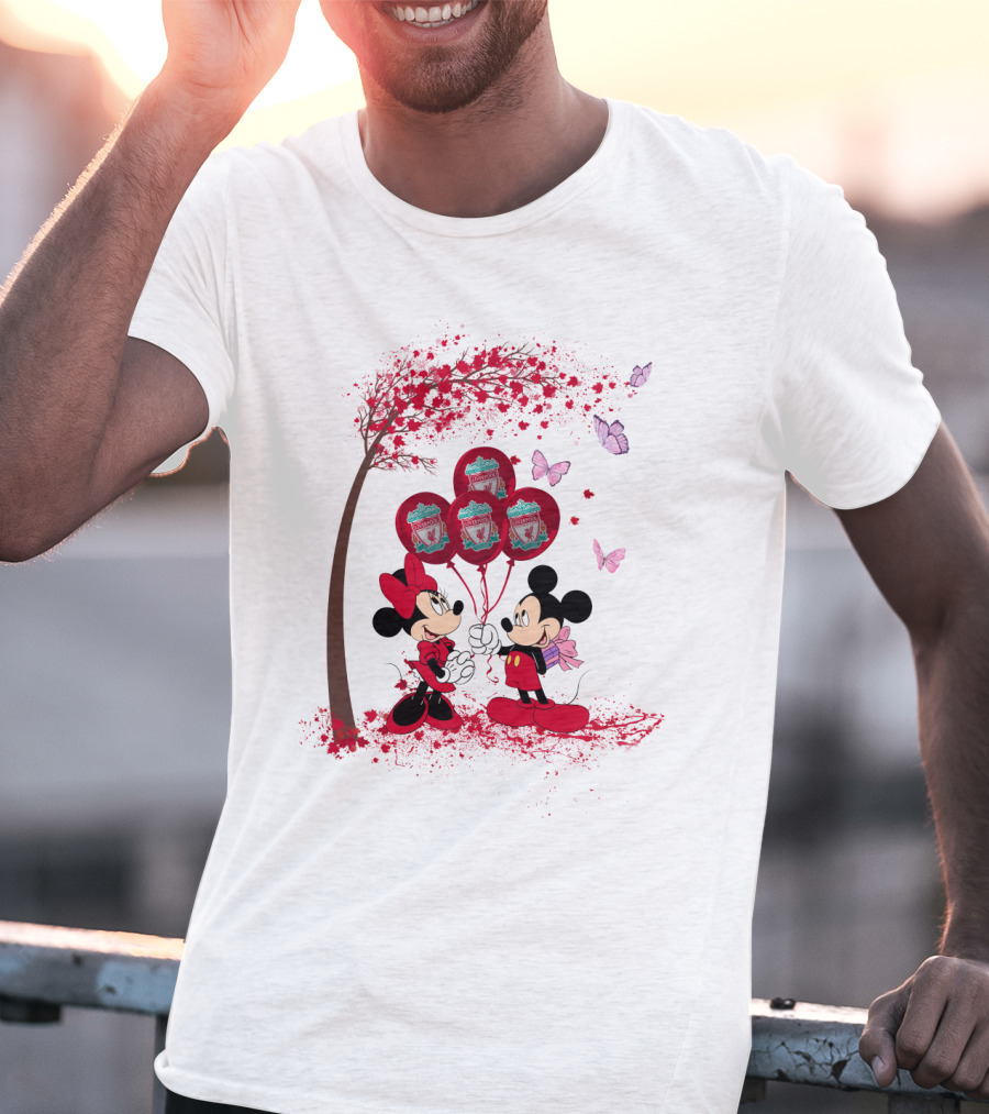 Mickey Minnie Holding Liverpool FC Balloons Under Blossoming Tree With Butterflies T-Shirt
