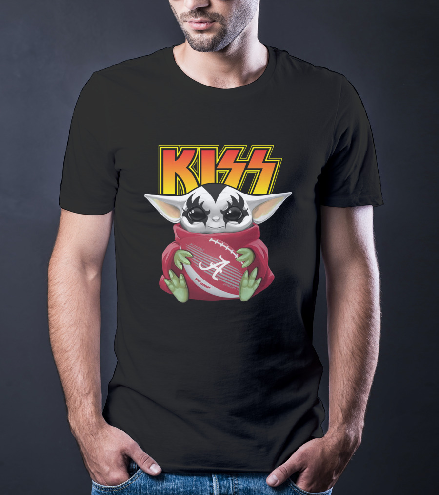 KISS Gene Simmons Baby Yoda Holding Alabama Crimson Tide Football T-Shirt