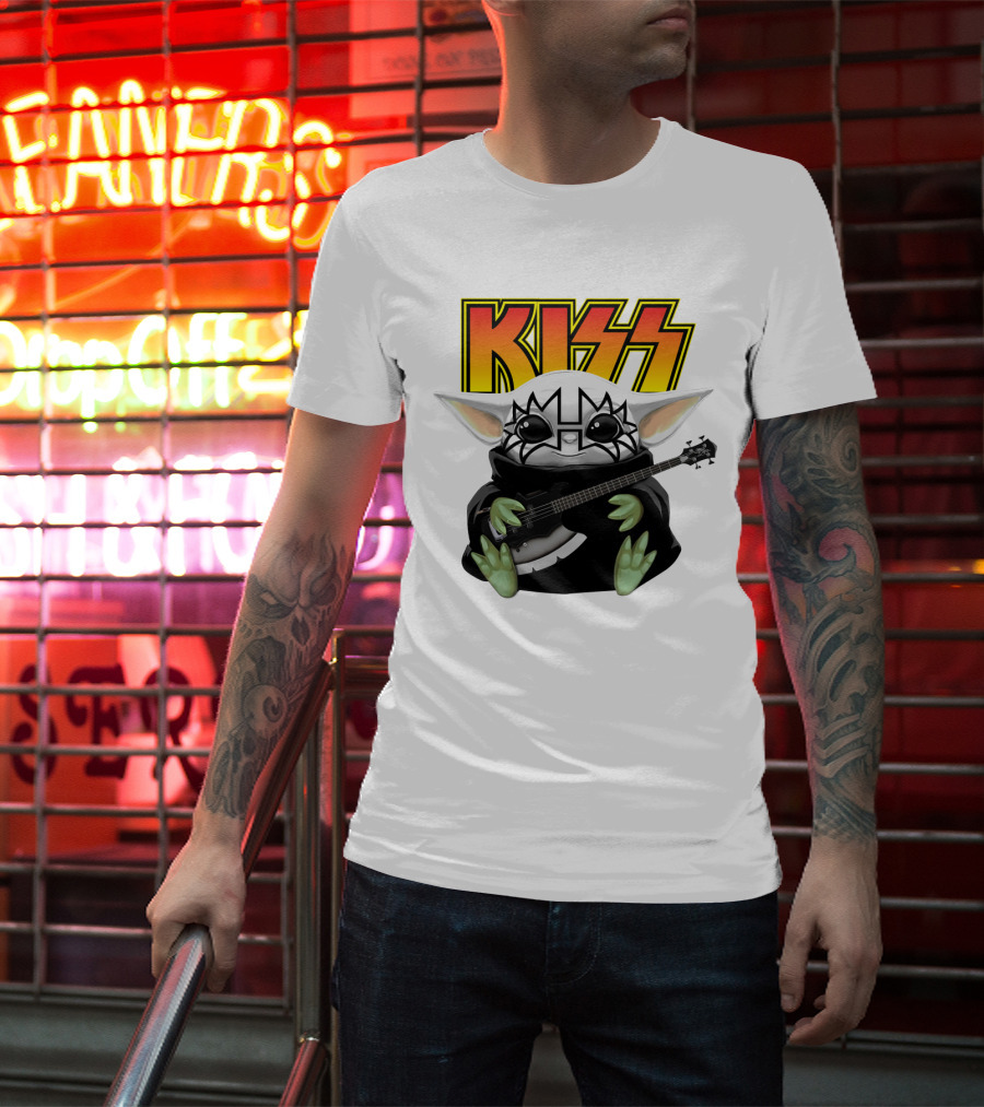 KISS Baby Yoda With Guitar In Tommy Thayer Makeup T-Shirt