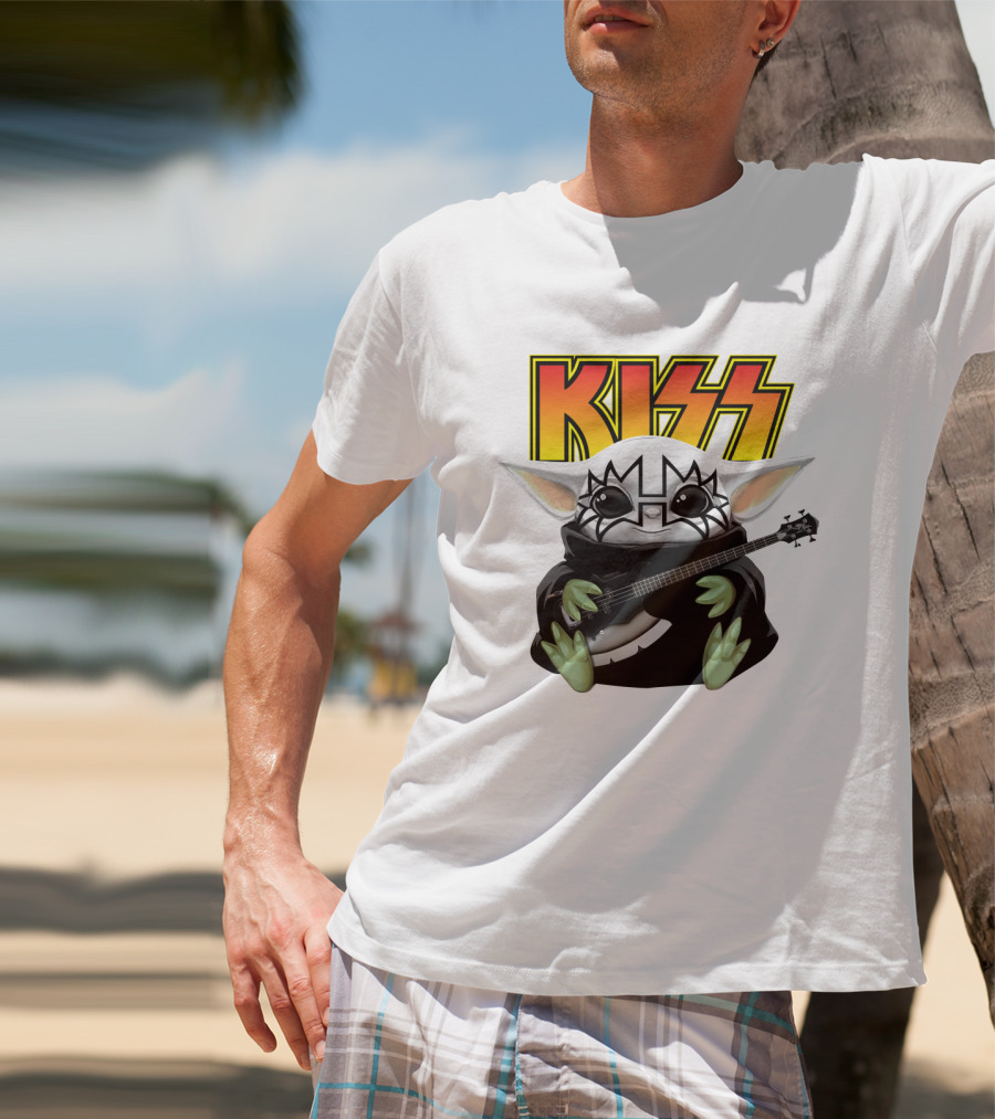 KISS Baby Yoda With Guitar In Tommy Thayer Makeup T-Shirt