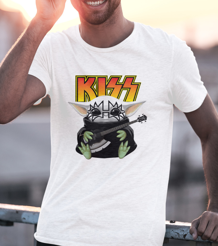 KISS Baby Yoda With Guitar In Tommy Thayer Makeup T-Shirt