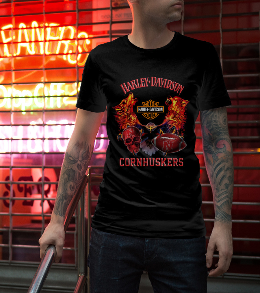 Harley Davidson Nebraska Cornhuskers Football Skull Wolves T-Shirt