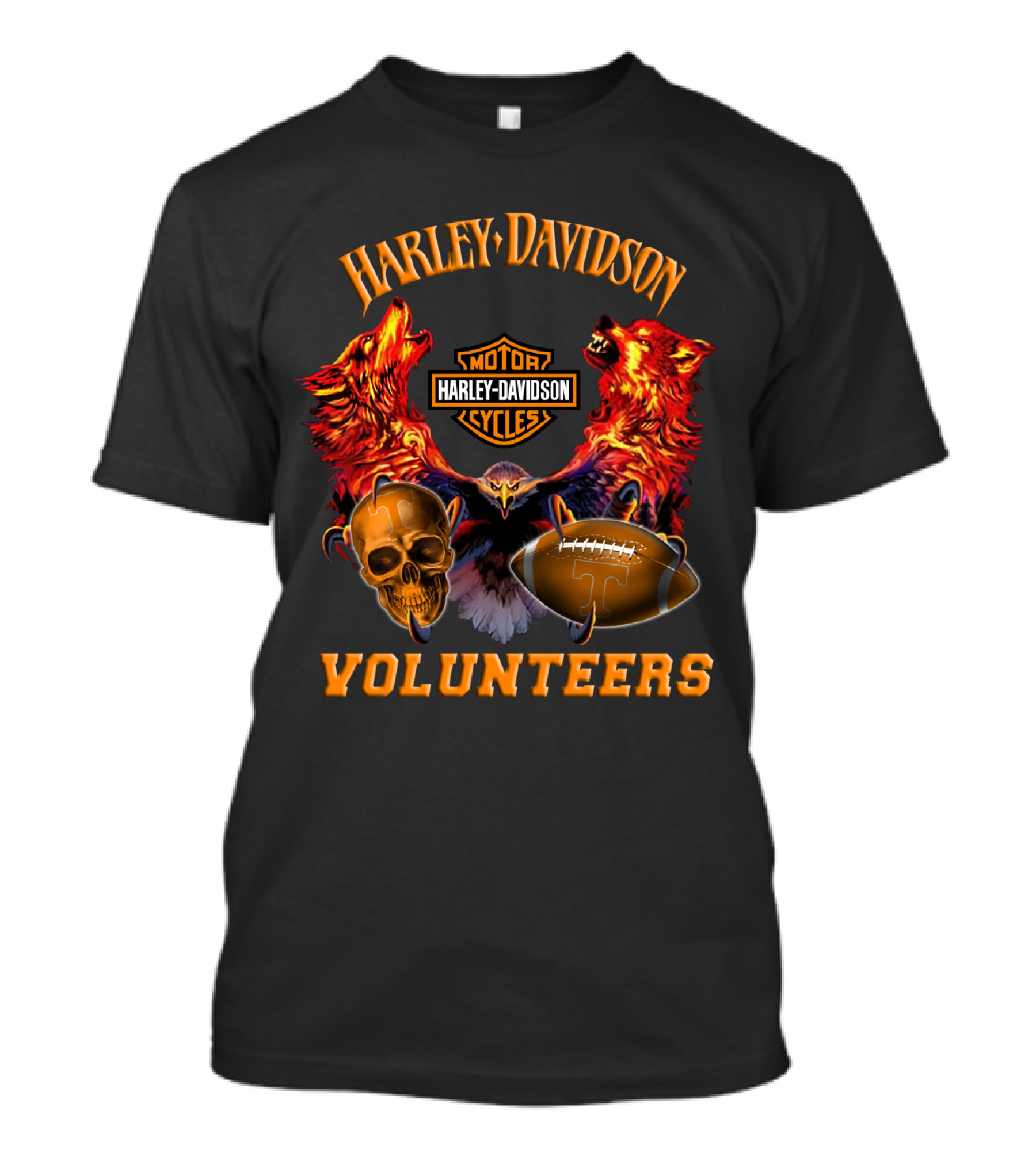 Harley Davidson Motor Cycles Tennessee Volunteers Wolves Skull Football T-Shirt