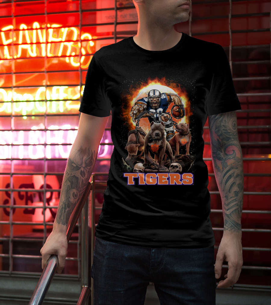 Tigers Football Warrior With Dogs And Skulls In Front Of Fiery T-Shirt