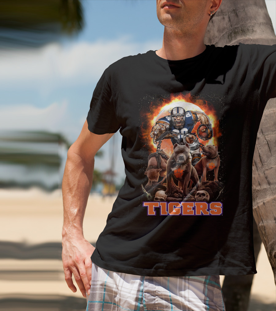 Tigers Football Warrior With Dogs And Skulls In Front Of Fiery T-Shirt