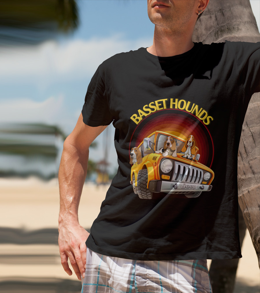 Basset Hounds Jeep Adventure With Dh 51 Basset Hounds Car T-Shirt