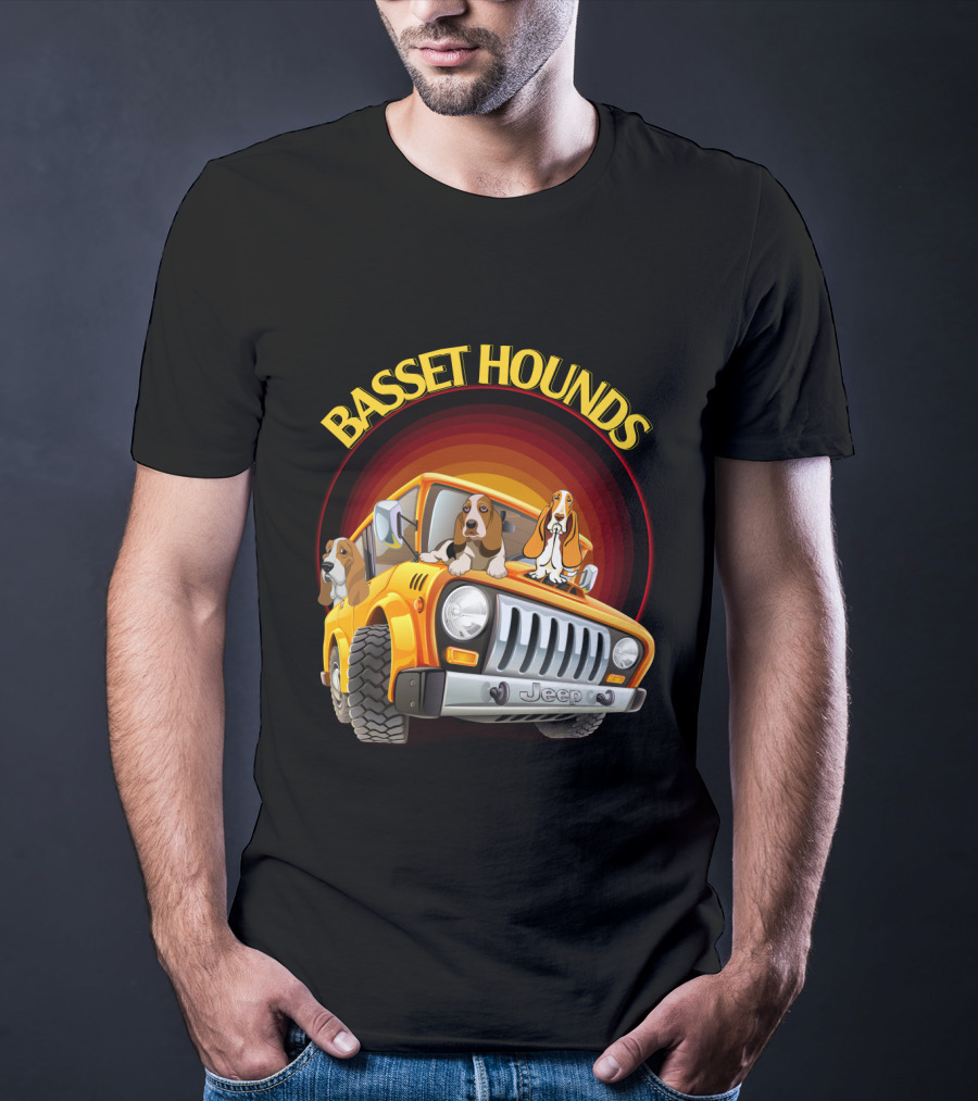 Basset Hounds Jeep Adventure With Dh 51 Basset Hounds Car T-Shirt