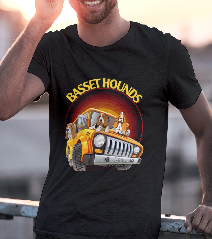 Basset Hounds Jeep Adventure With Dh 51 Basset Hounds Car T-Shirt