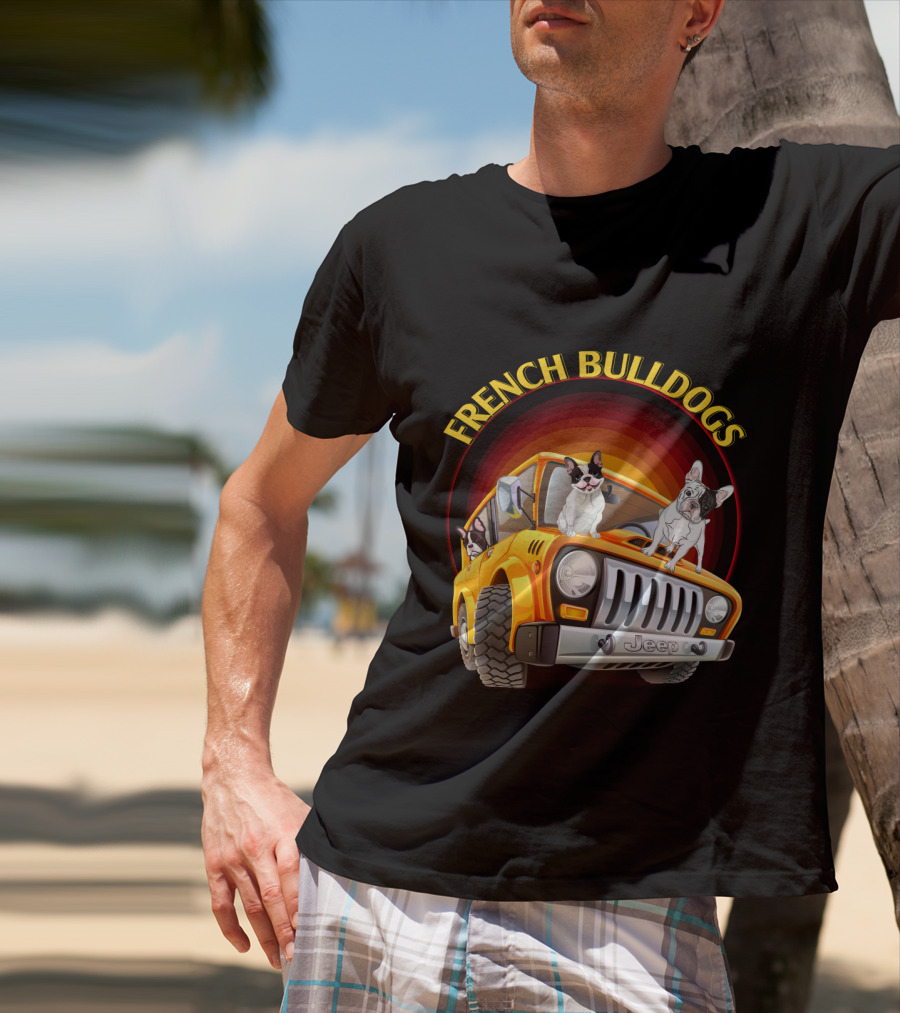 French Bulldogs In Orange Jeep T-Shirt