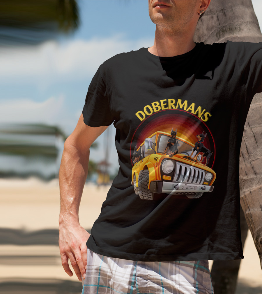 Dobermans Riding Yellow Jeep Adventure T-Shirt