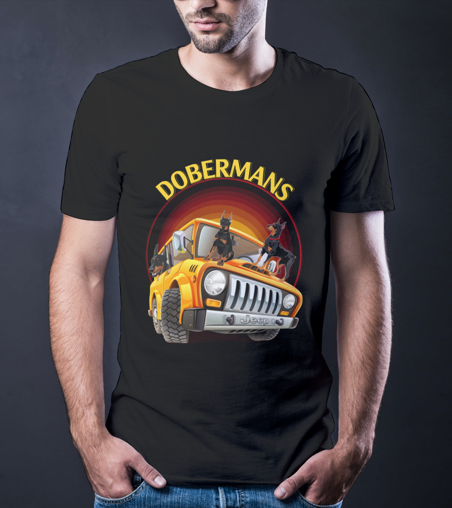 Dobermans Riding Yellow Jeep Adventure T-Shirt