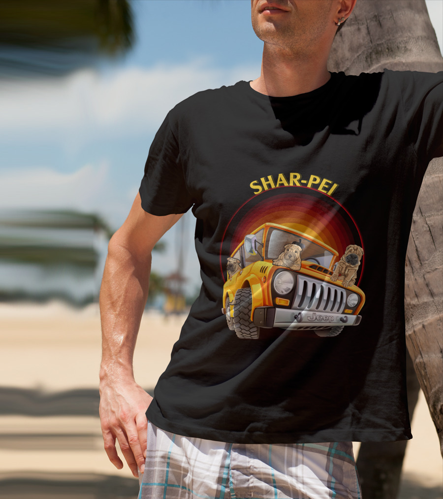 Shar-Pei Jeep Orange With Three Puppies T-Shirt