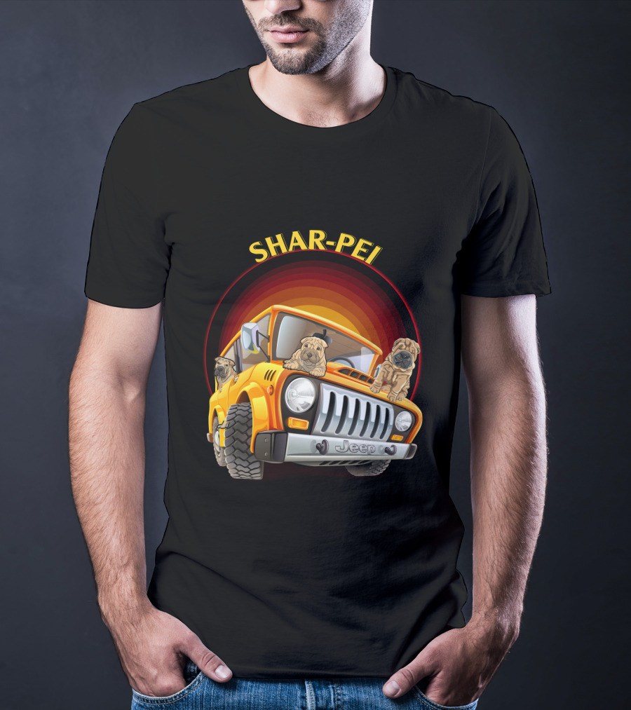 Shar-Pei Jeep Orange With Three Puppies T-Shirt