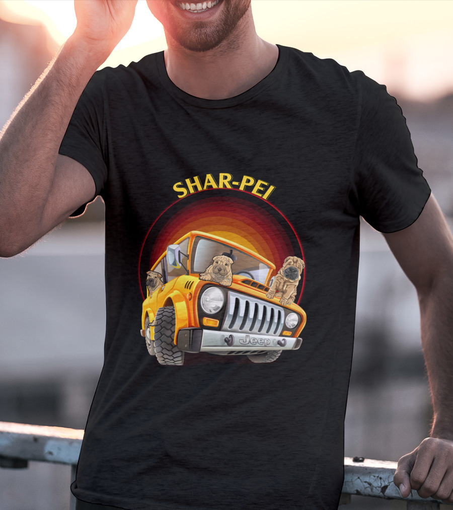 Shar-Pei Jeep Orange With Three Puppies T-Shirt