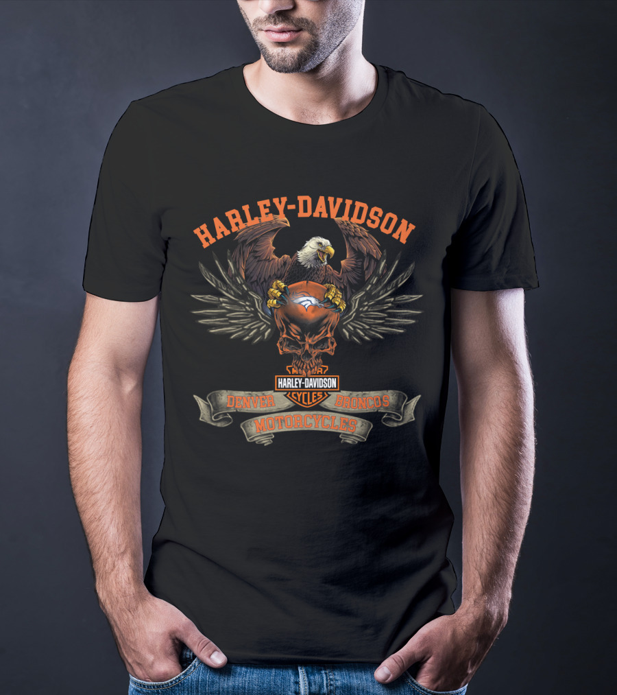Harley Davidson Denver Broncos Motorcycles Eagle Skull T-Shirt