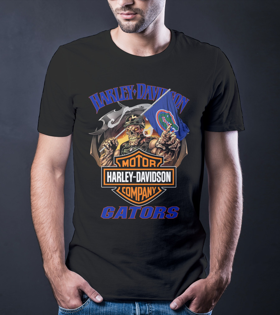 Harley Davidson Gators Skeleton With Florida Gators Flag T-Shirt