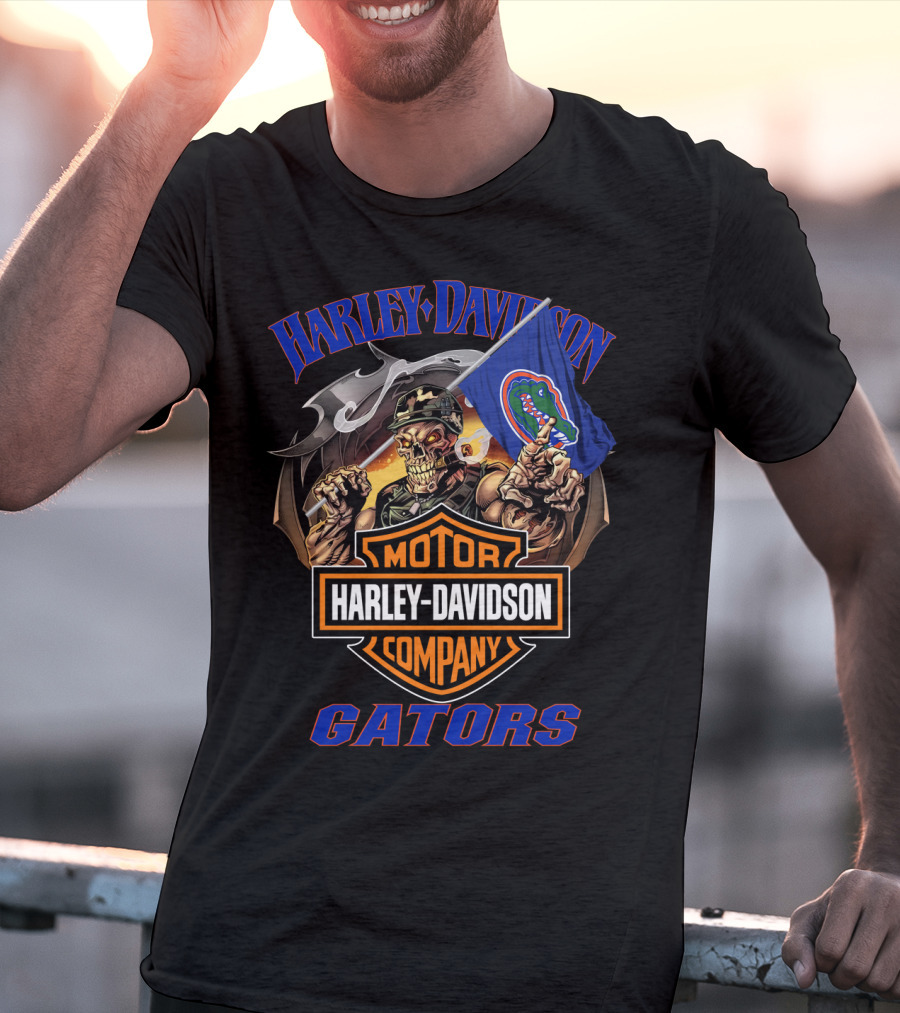 Harley Davidson Gators Skeleton With Florida Gators Flag T-Shirt