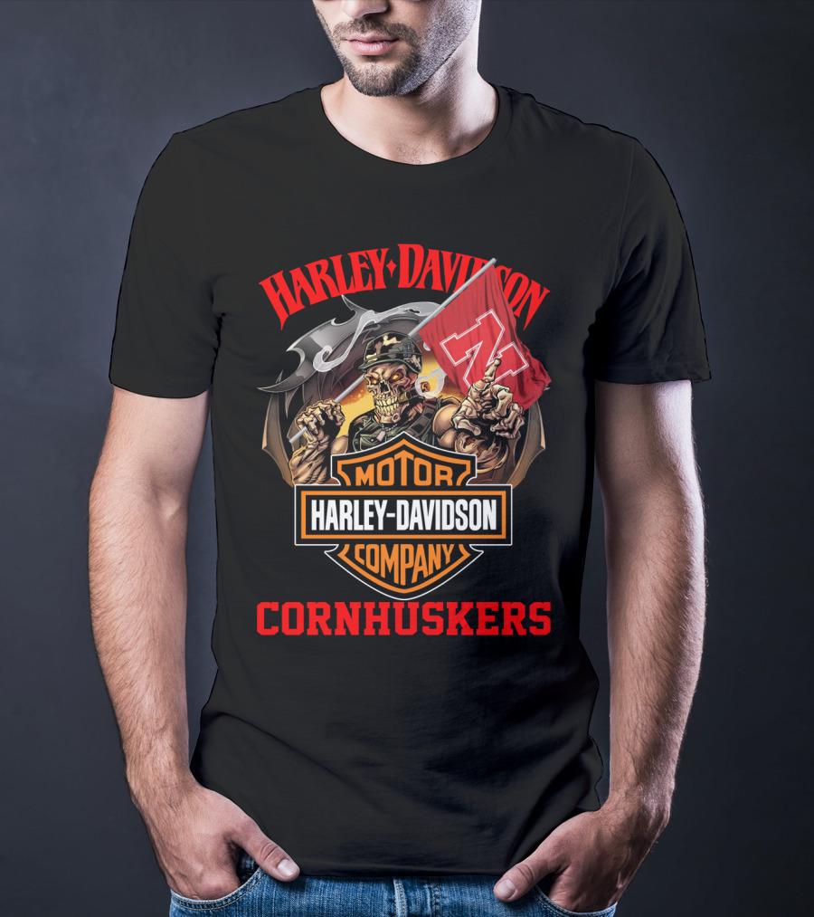 Harley Davidson Company Cornhuskers Skeleton With Nebraska Flag T-Shirt