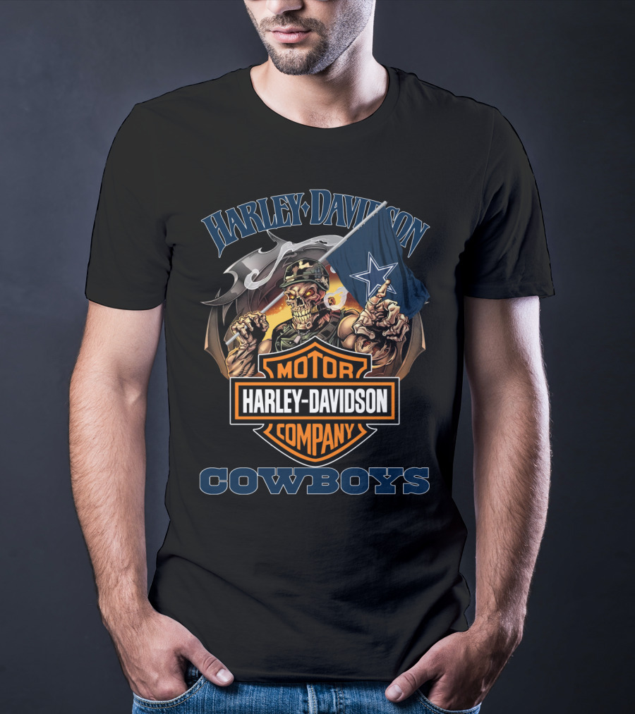 Harley Davidson Motor Company Cowboys Dallas Flag Skeleton T-Shirt