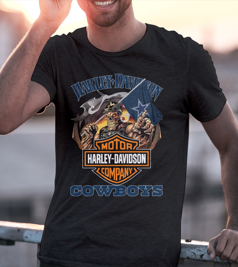 Harley Davidson Motor Company Cowboys Dallas Flag Skeleton T-Shirt