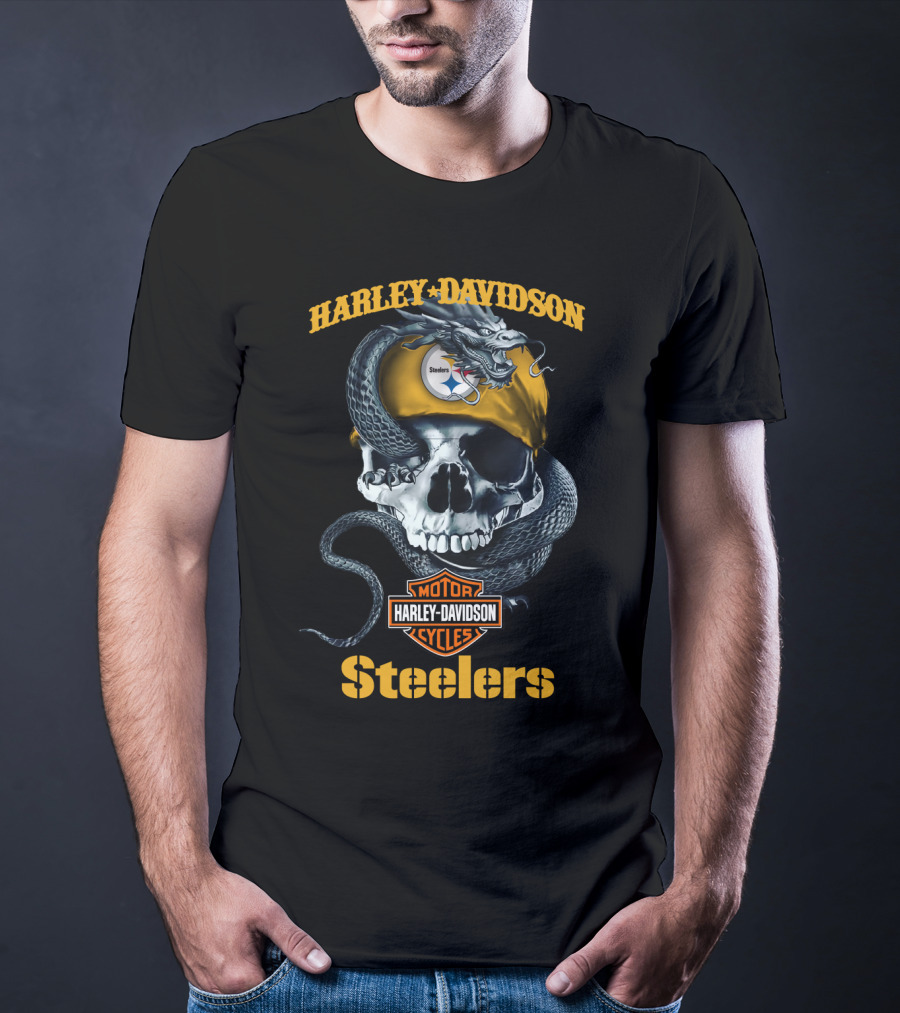 Harley Davidson Steelers Skull With Snake And Helmet T-Shirt