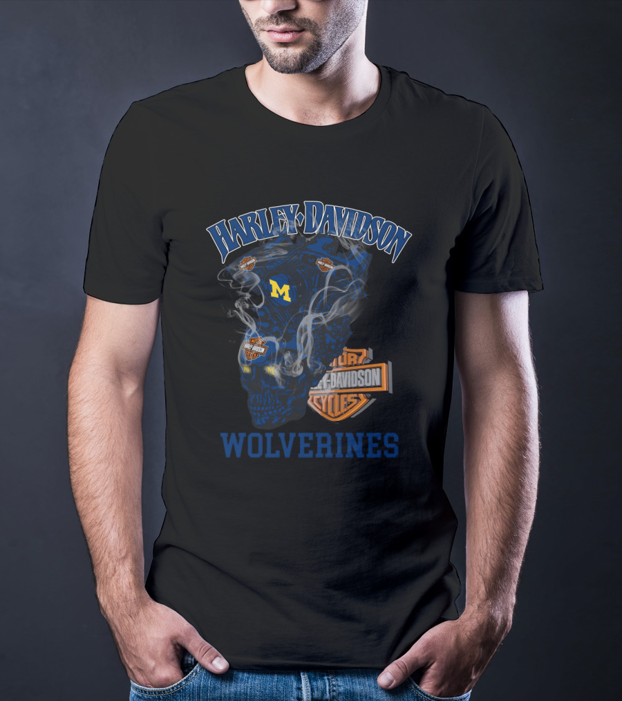Harley Davidson Wolverines Michigan M Logo Skulls T-Shirt