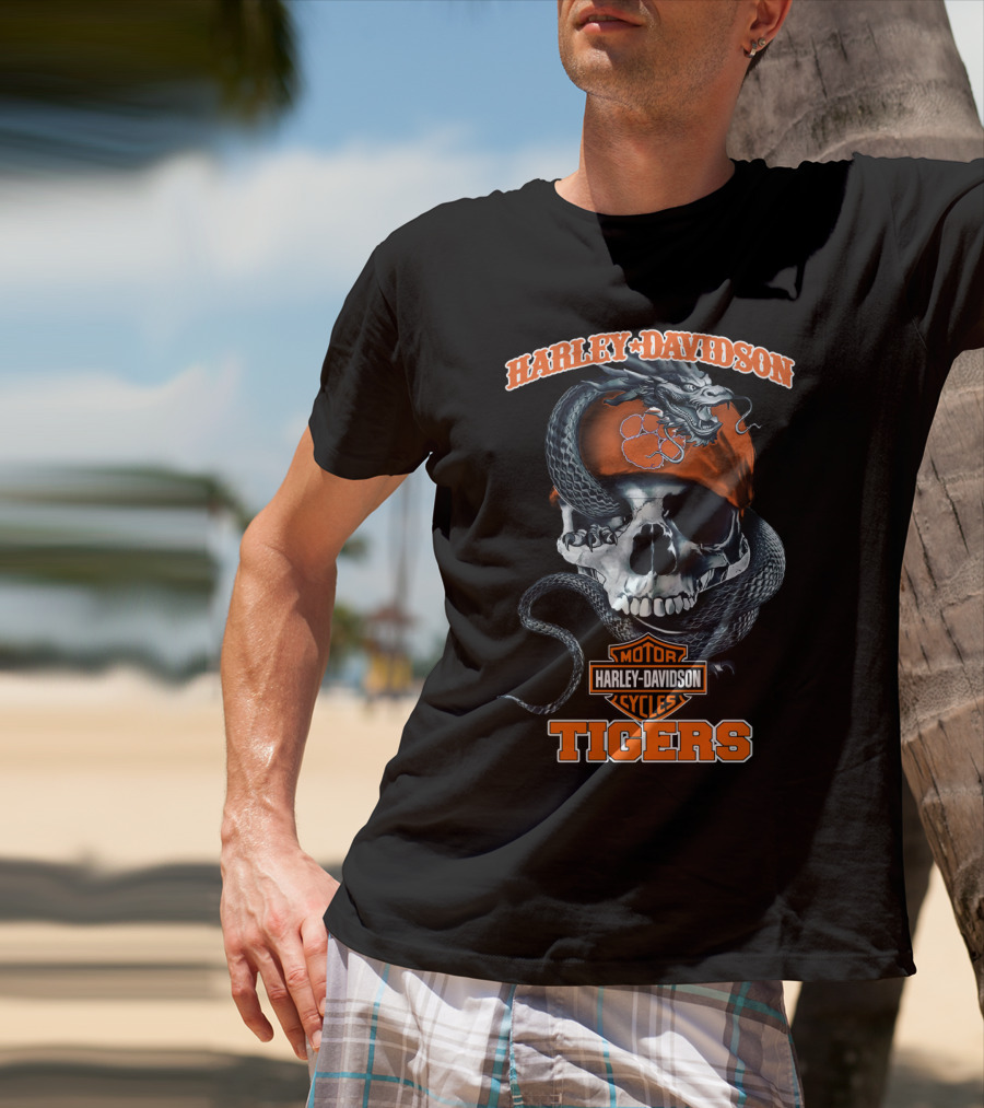 Harley Davidson Motor Cycles Tigers Snake Skull T-Shirt