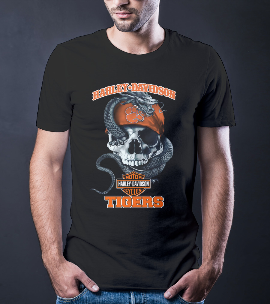 Harley Davidson Motor Cycles Tigers Snake Skull T-Shirt