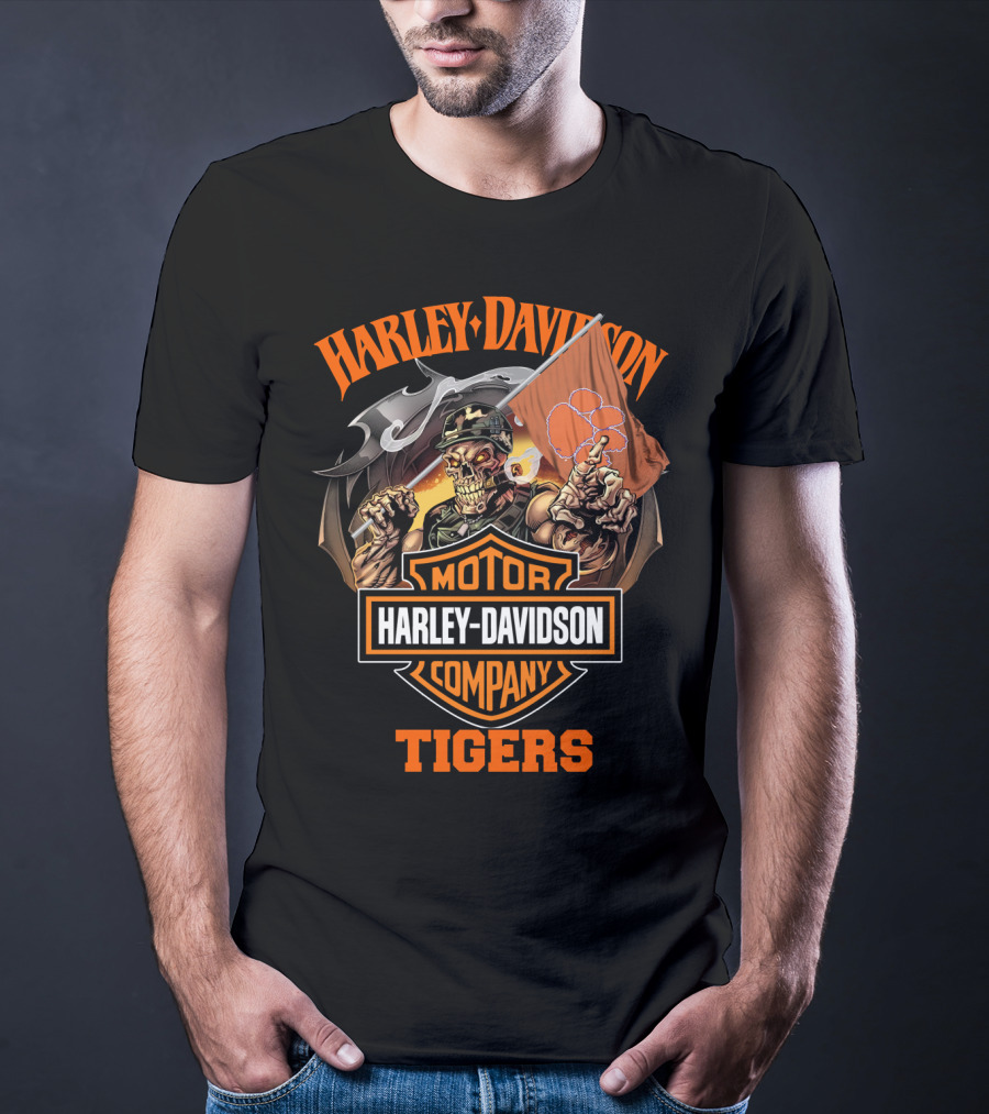 Harley Davidson Motor Company Clemson Tigers Flag Skeleton Rider T-Shirt