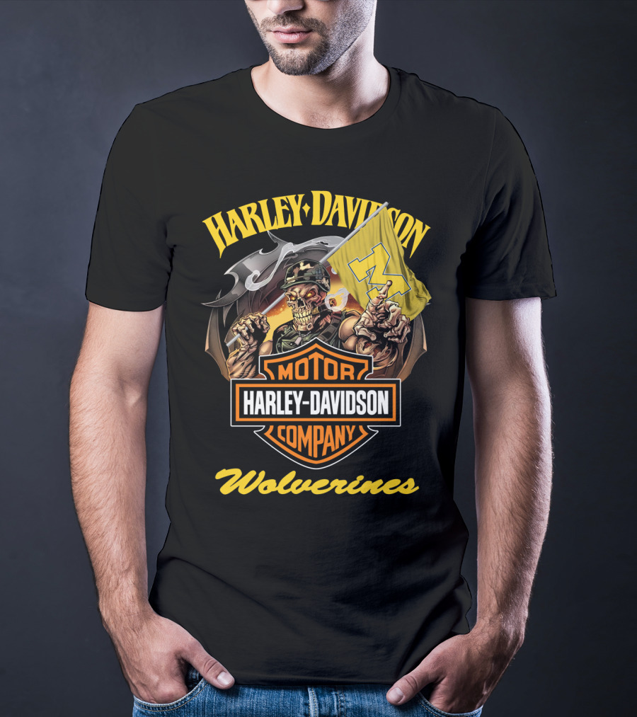 Harley Davidson Motor Company Michigan Wolverines 69 Flag Skeleton T-Shirt