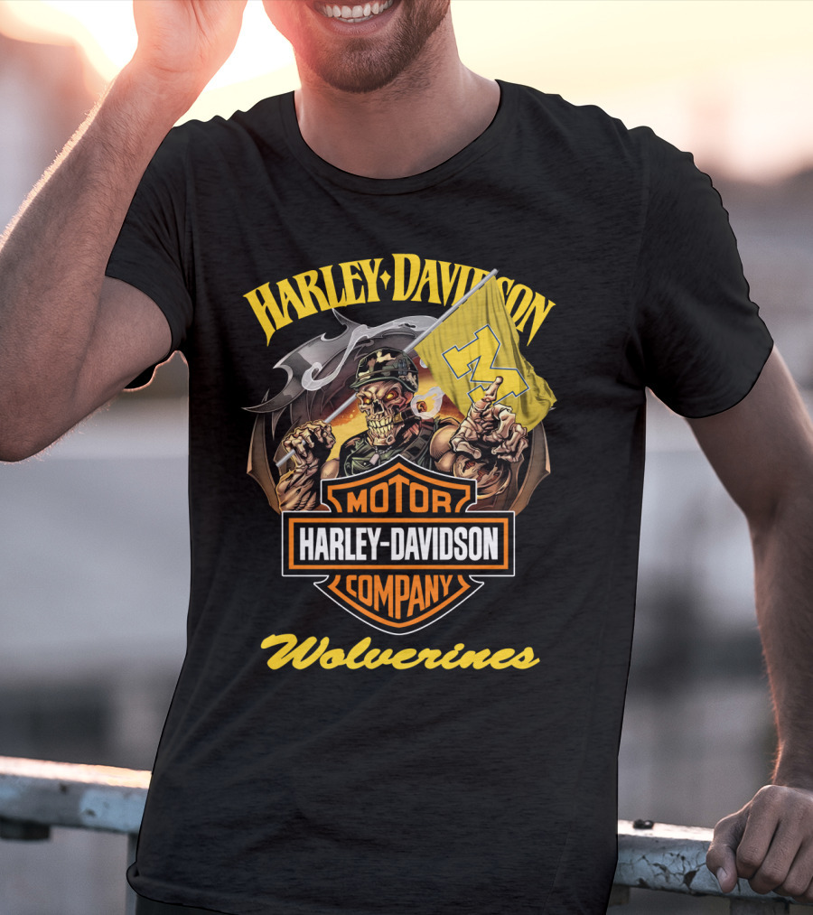 Harley Davidson Motor Company Michigan Wolverines 69 Flag Skeleton T-Shirt