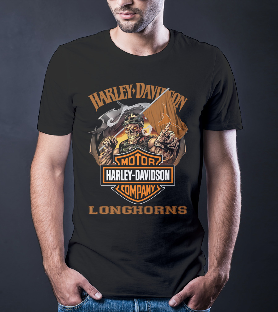 Harley Davidson Longhorns Skeleton With Flag Motor Company T-Shirt