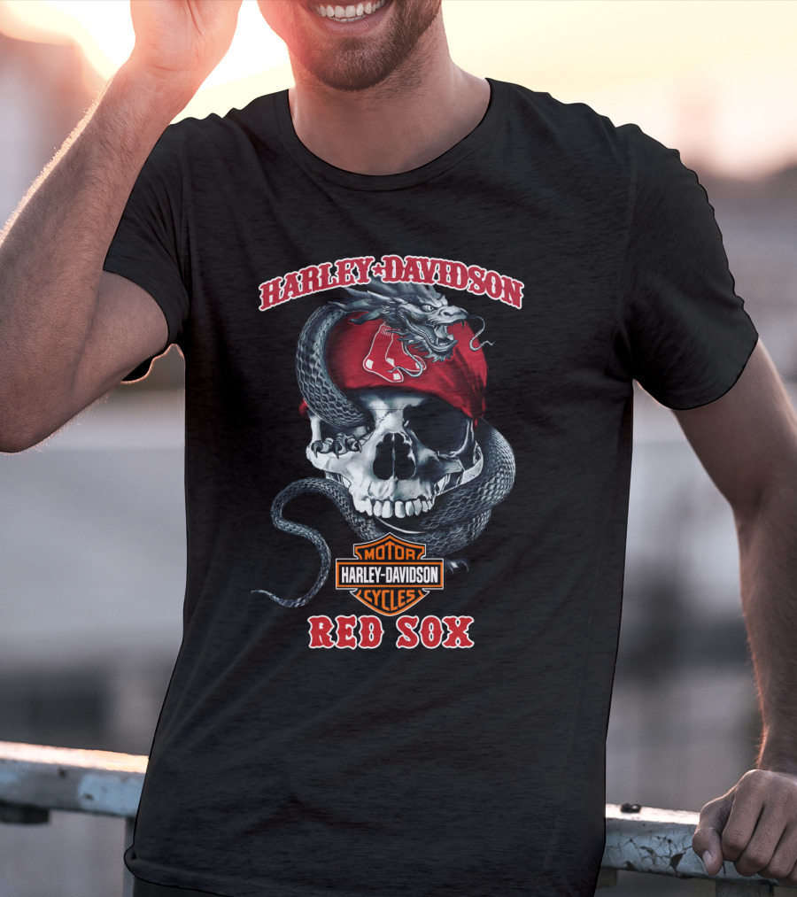 Harley Davidson Red Sox Skull With Snake And Motorcycles T-Shirt