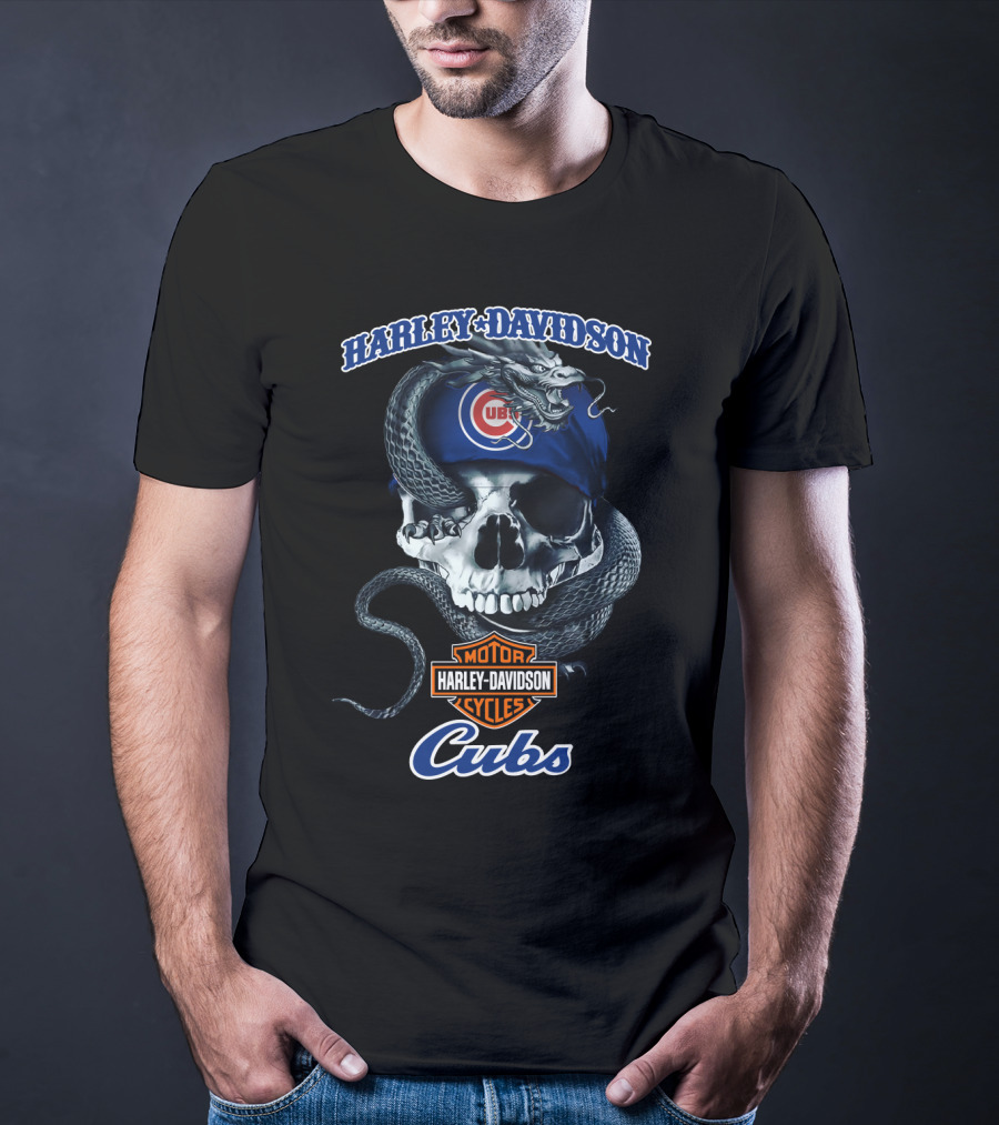 Harley Davidson Motor Cycles Chicago Cubs Skull And Snake T-Shirt