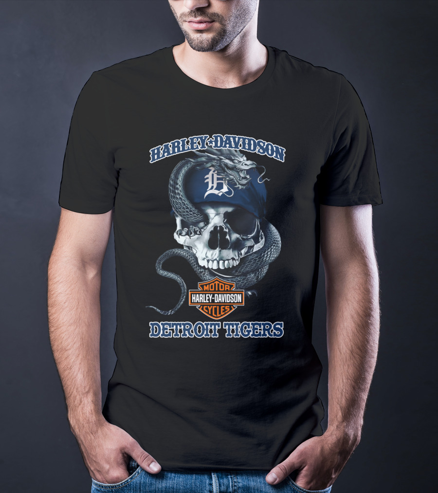Harley Davidson Detroit Tigers Skull Snake Motocycles T-Shirt