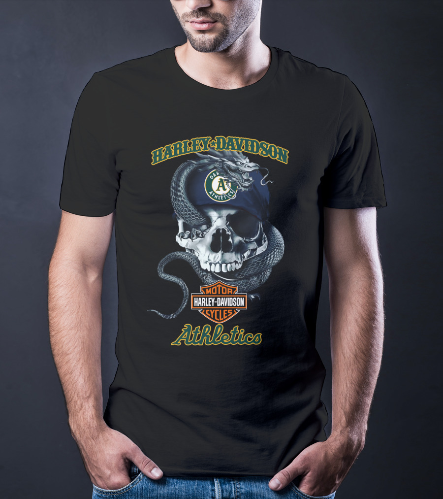 Harley Davidson Oakland Athletics Skull And Snake Graphic With Logos T-Shirt