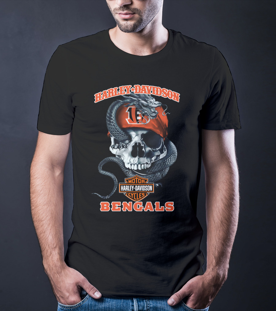 Harley Davidson Motor Cycles Bengals 13 Skull And Snake T-Shirt