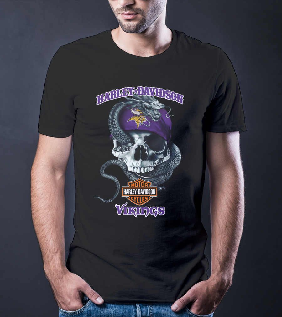 Harley Davidson Minnesota Vikings Skull With Dragon Bandana T-Shirt